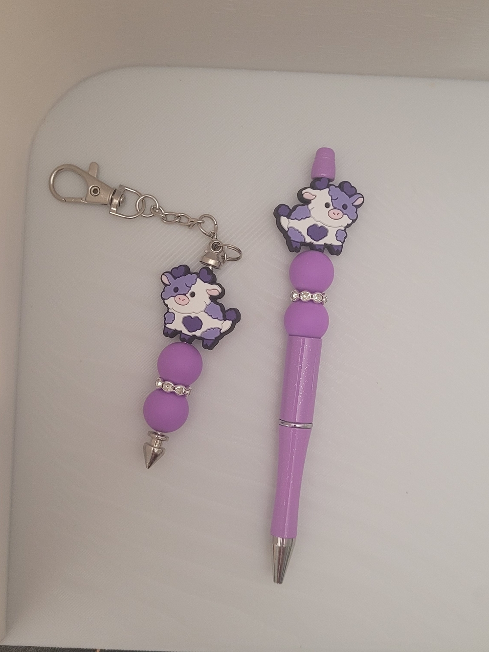 Handmade Purple Cow Charm Pen And Keychain Set